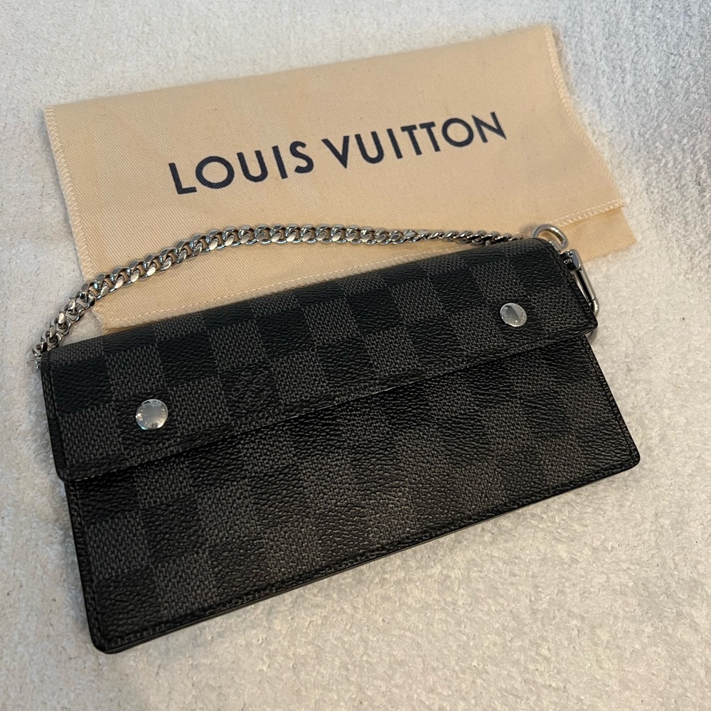 Louis Vuitton Accordeon Bifold Long Chain Wallet Purse Damier Graphite